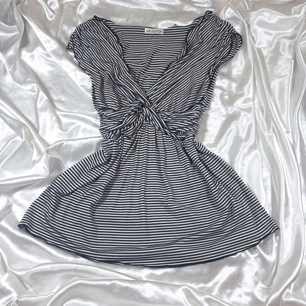 y2k MSSP Babydoll Top Black White Excellent Striped Twist Knot Empire Waist